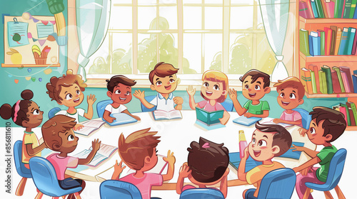 テーブルを囲んで楽しい学びの時間を過ごす子供たち