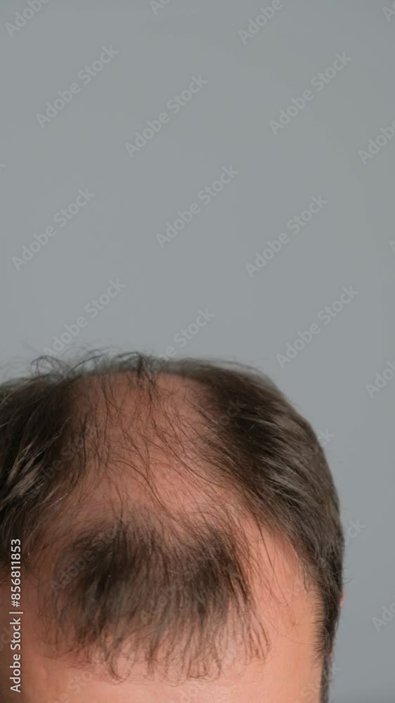 Man with hair loss problems close-up. Close-up of a young man with alopecia on a gray background. Vertical video. Man with hair loss problems close-up. Close-up of a young man with alopecia on a gray background. Vertical video.