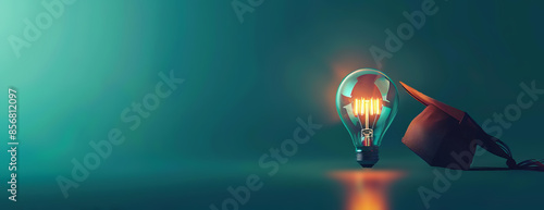 Eye-level angle, concept of business education, minimalistic copyspace, glowing light bulb, graduation cap resting on light bulb, digital illustration, bright and clean aesthetic