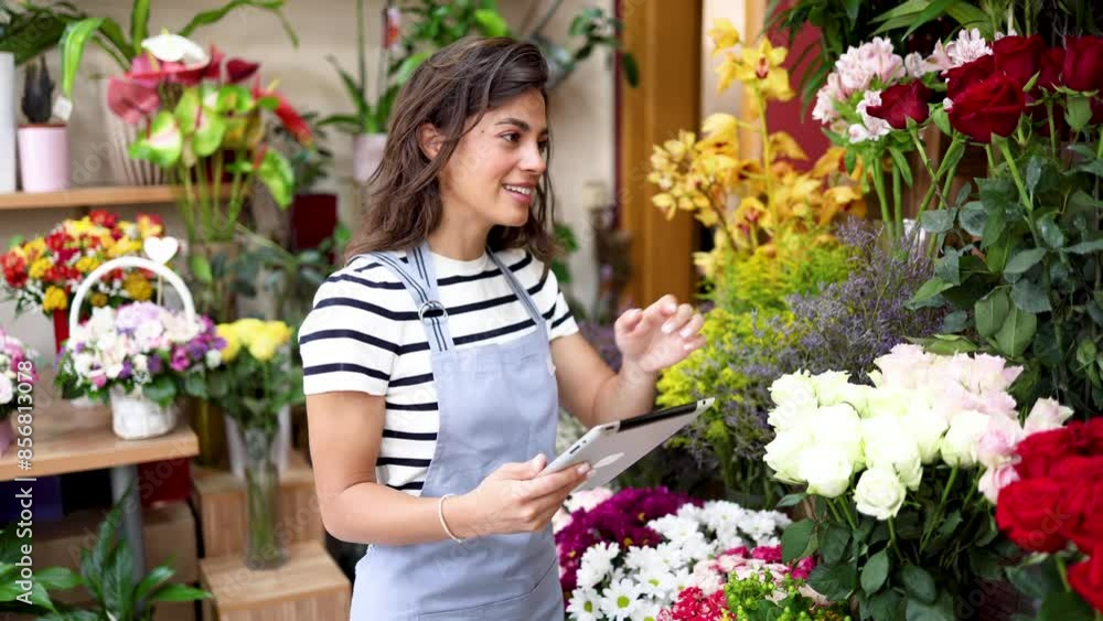 Happy, young florist managing her own store Happy, young florist managing her own store