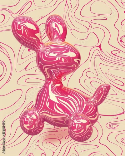 A pink, glossy dog with swirling patterns floats on a background of cream-colored, wavy lines