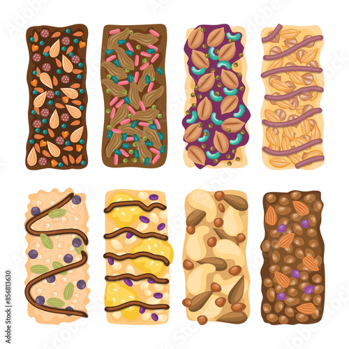 Set of cereal bar collection, Energy healthy snack food, Chocolate muesli bar with peanuts and pieces of dried cherries and candied fruits. In the package, An organic, vegan, gluten-free dessert.