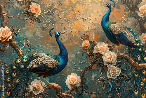 Chinoiserie painting of a couple peacock on tree branch with blue and gold theme color background, moody vintage wall art, wallpaper
