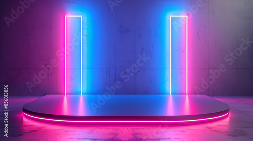 abstract backgound video game of scifi gaming cyberpunk, vr virtual reality simulation and metaverse, scene stand pedestal stage, 3d illustration rendering, futuristic neon glow room
 photo