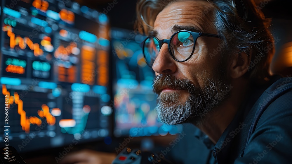 Obraz premium A photographic style of a financial analyst examining stock market trends on a large monitor, stylish modern office, diffused light, focused demeanor, sleek desk with digital gadgets.