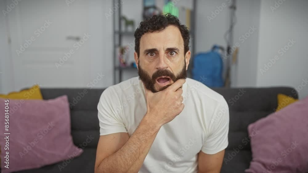 Middle age man, beard and all, wearing white t-shirt in his homely living room, hands on chin, expression of shock and amazed disbelief radiating from his handsome face. Middle age man, beard and all, wearing white t-shirt in his homely living room, hands on chin, expression of shock and amazed disbelief radiating from his handsome face.