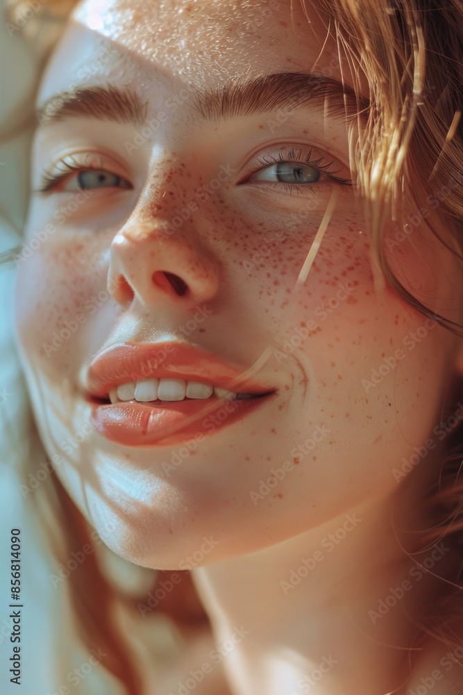 A close-up shot of a woman's face with noticeable freckles A close-up shot of a woman's face with noticeable freckles