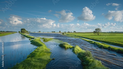 An ultra-sharp and clear image of a well-maintained levee protecting farmland from potential floods, highlighting infrastructure investments in natural disaster reduction, highly detailed