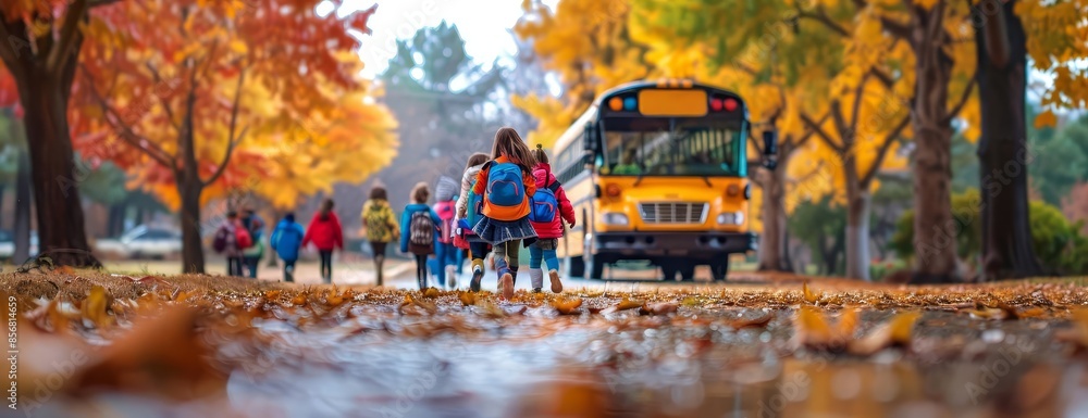 Obraz premium Group of excited school children with backpacks, autumn trees splashing gold and red, blurred school bus in the distance, wide-angle perspective, capturing the essence of a new school year