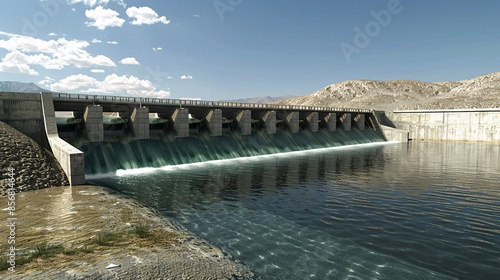 An ultra-sharp and clear image of a multi-purpose dam designed for flood control and water management, showcasing engineering solutions for natural disaster reduction, highly detailed photo