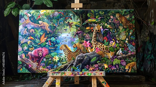 Colorful drawing of animals in a jungle setting on a piece of paper, supported by a stand, illustrating the beauty of nature. photo