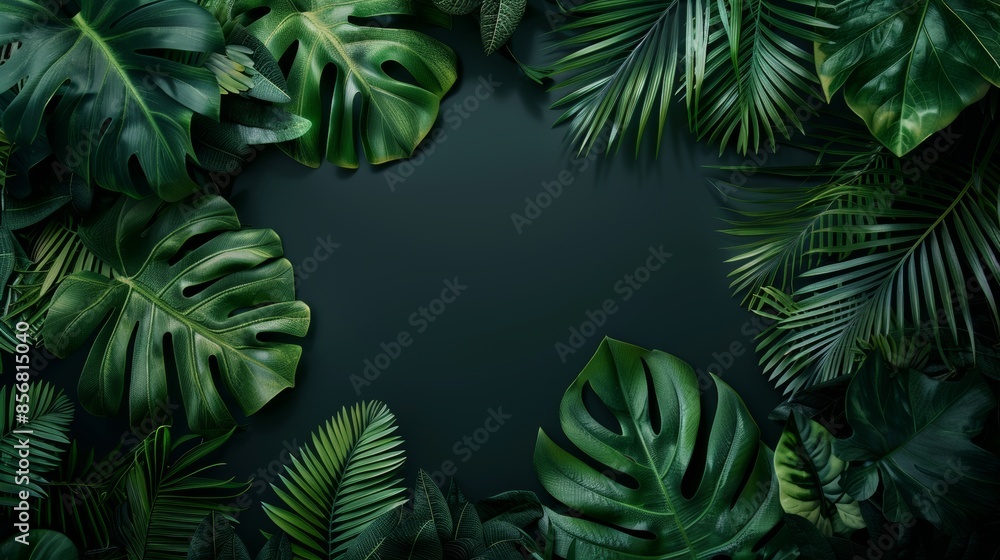 Tropical green leaves frame on dark background, nature and foliage concept Tropical green leaves frame on dark background, nature and foliage concept