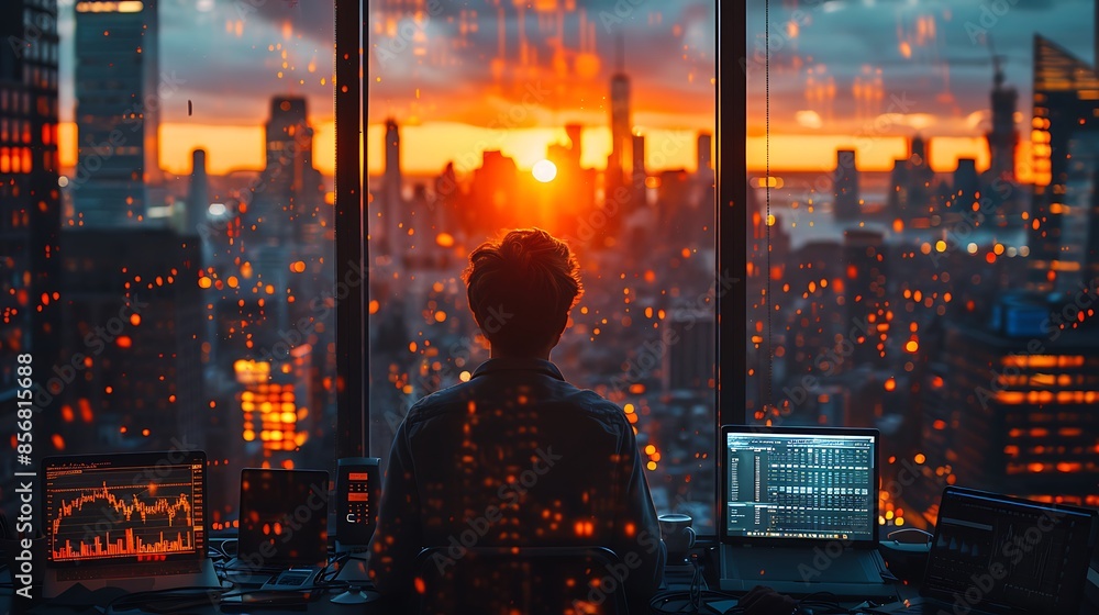 A photographic style of a financial analyst multi-tasking with multiple devices and financial reports, modern office with city view, evening light, intense focus, professional setup, financial charts A photographic style of a financial analyst multi-tasking with multiple devices and financial reports, modern office with city view, evening light, intense focus, professional setup, financial charts