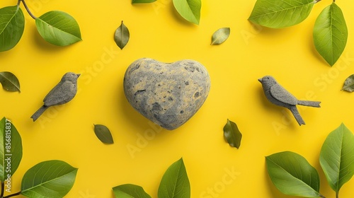 Stone heart and leaf birds on yellow backdrop Summer Valentine s love idea photo