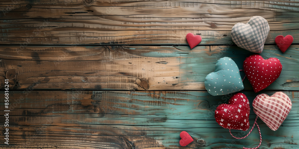 A variety of fabric hearts arranged on a turquoise painted wooden background, expressing love and vibrancy A variety of fabric hearts arranged on a turquoise painted wooden background, expressing love and vibrancy