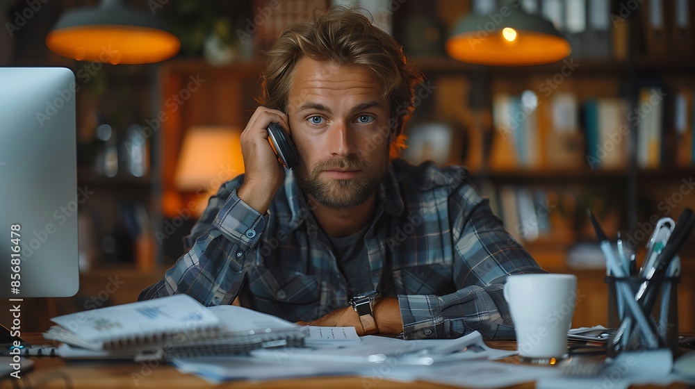 A photographic style of a financial analyst on a phone call, contemporary office, natural light, concentration, tidy desk with office supplies, serious expression, financial reports on computer screen A photographic style of a financial analyst on a phone call, contemporary office, natural light, concentration, tidy desk with office supplies, serious expression, financial reports on computer screen