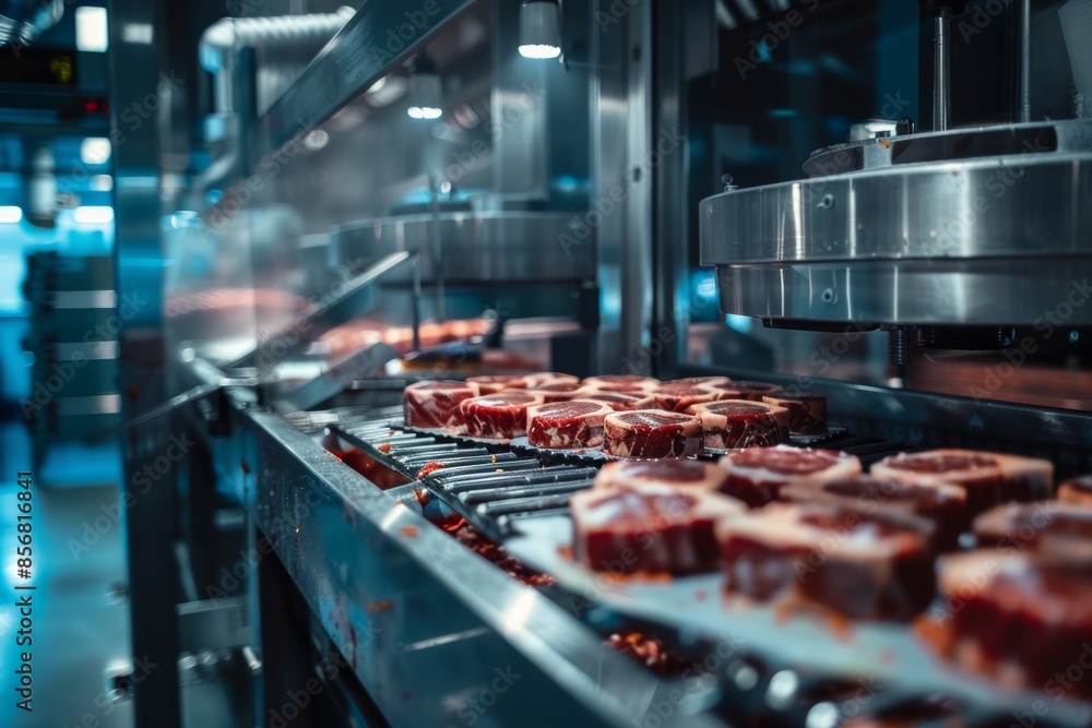 Experience the speed and precision of industrial equipment in a meat processing plant in studio isolate shots. Experience the speed and precision of industrial equipment in a meat processing plant in studio isolate shots.