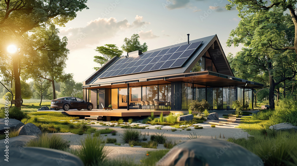 Modern house with solar panels on the roof and a green garden at sunset Modern house with solar panels on the roof and a green garden at sunset
