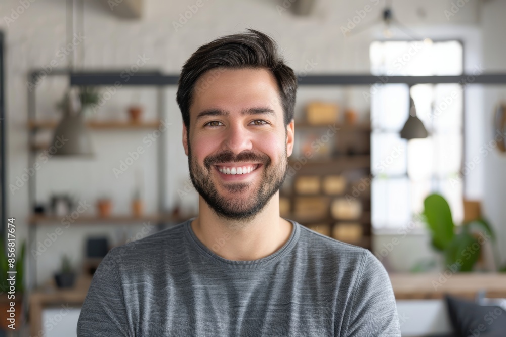 Portrait of a glad man in his 30s smiling at the camera over empty modern loft background Portrait of a glad man in his 30s smiling at the camera over empty modern loft background