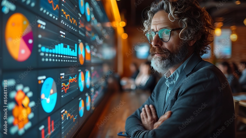 A photographic style of a financial analyst presenting data to colleagues using a projector, modern office setting, focused expression, large screen displaying colorful charts and graphs, bright dayli A photographic style of a financial analyst presenting data to colleagues using a projector, modern office setting, focused expression, large screen displaying colorful charts and graphs, bright dayli