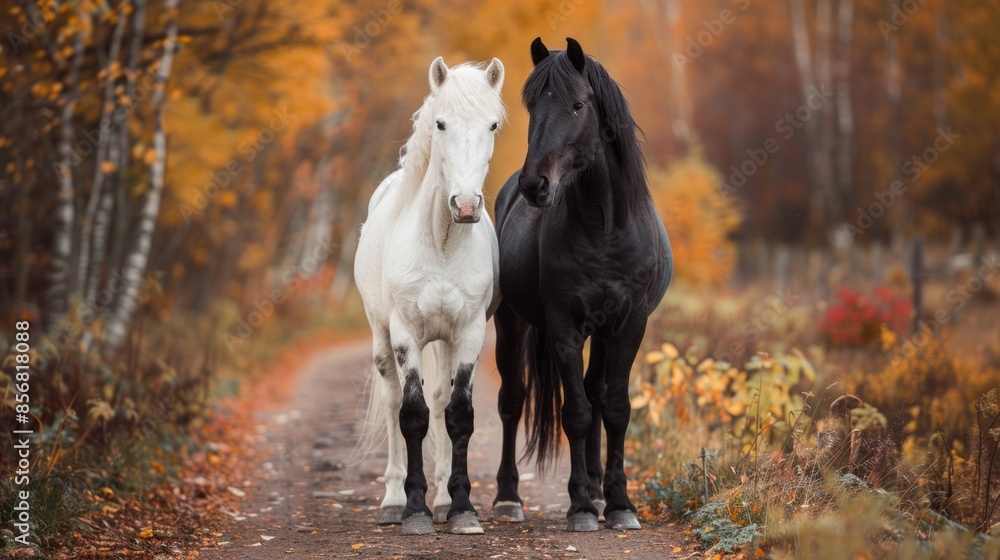 Two horses standing next to each other on a dirt road Two horses standing next to each other on a dirt road
