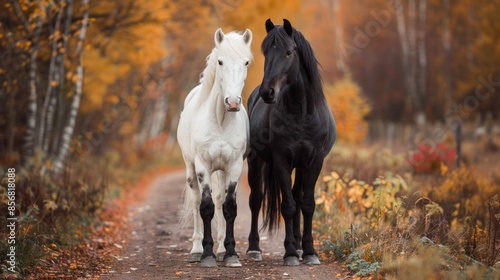 Two horses standing next to each other on a dirt road