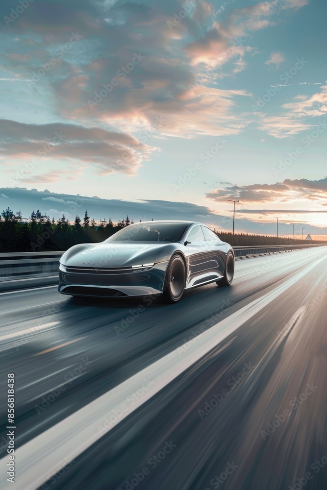 Naklejka premium A silver car drives down a highway during a beautiful sunset