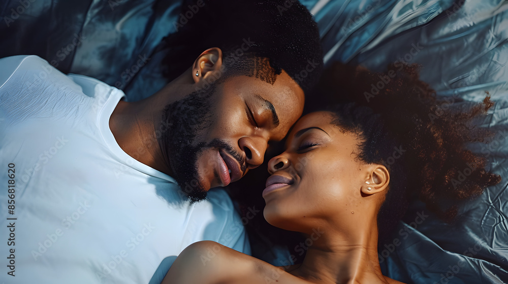 Black couple and eye contact in bed with romance for love with tender, embrace and care in morning with smile. Dating, relationship and relaxing with passion for partner with comfort or waking up. Black couple and eye contact in bed with romance for love with tender, embrace and care in morning with smile. Dating, relationship and relaxing with passion for partner with comfort or waking up.