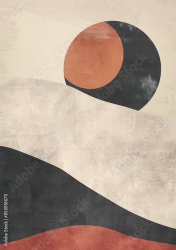 An abstract painting featuring a sunset over a landscape of wavy hills, rendered in warm and earthy tones