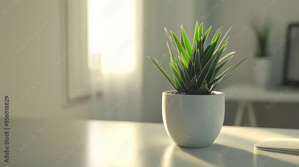 Minimalistic white pot with green plant on a sunlit desk, perfect for modern interior design and home decor inspiration. Minimalistic white pot with green plant on a sunlit desk, perfect for modern interior design and home decor inspiration.