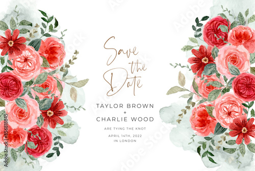 save the date with peach red floral watercolor background