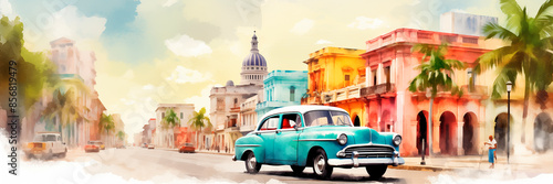 Havana city in watercolor style. with typical Cuban vehicle. image and traditional, travel concept. vacation. tourist destination. Retro illustration