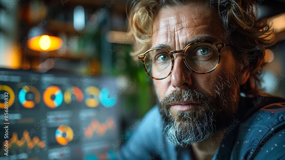 A photographic style of a financial analyst reviewing colorful charts and graphs on a large computer screen, modern office environment, bright and airy space, thoughtful expression, office plants in t A photographic style of a financial analyst reviewing colorful charts and graphs on a large computer screen, modern office environment, bright and airy space, thoughtful expression, office plants in t
