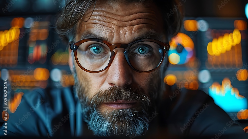 A photographic style of a financial analyst reviewing interactive charts and graphs on a large computer screen, high-tech modern office, balanced lighting, serious expression, ergonomic setup. A photographic style of a financial analyst reviewing interactive charts and graphs on a large computer screen, high-tech modern office, balanced lighting, serious expression, ergonomic setup.