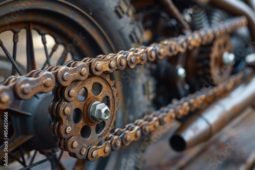 Close-up image capturing the fine details of a motorcycle chain and rear wheel, highlighting the mechanics of motion