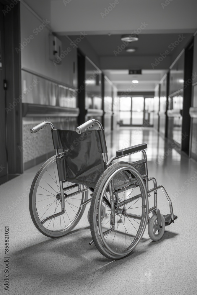 A wheelchair sits in a hospital hallway, ready for use A wheelchair sits in a hospital hallway, ready for use
