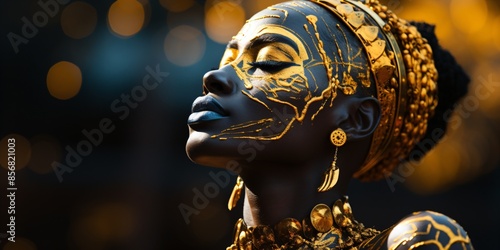 a black woman with golden tribal face paint	
