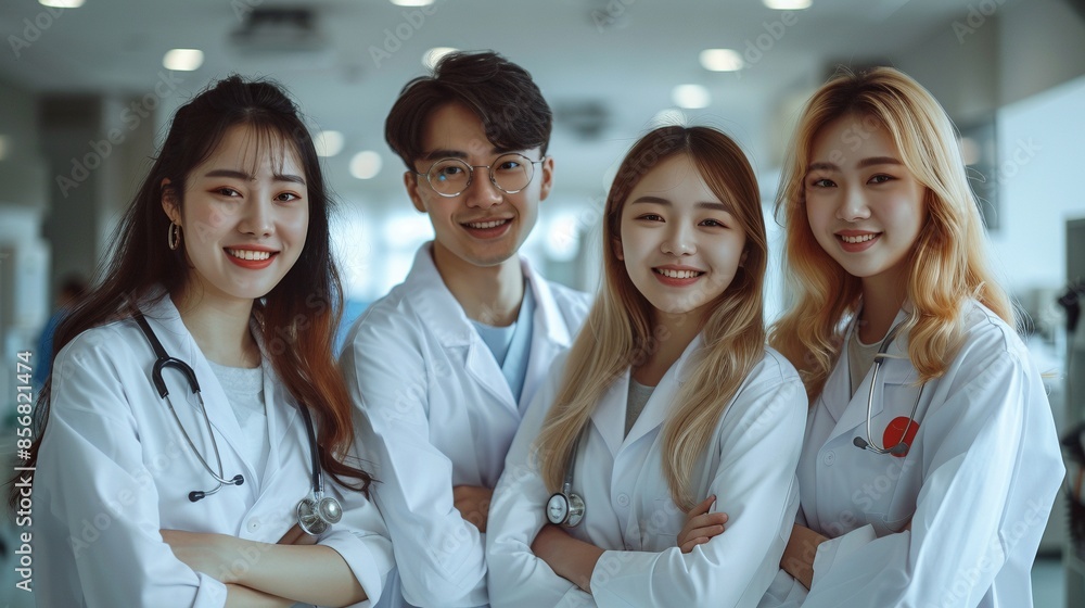 Group of four young medical students portrait image. Three women and one man wearing white coats and stethoscopes picture photorealistic photography. Hospital concept photo realistic Group of four young medical students portrait image. Three women and one man wearing white coats and stethoscopes picture photorealistic photography. Hospital concept photo realistic