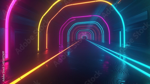 Colorful neon light corridor at night