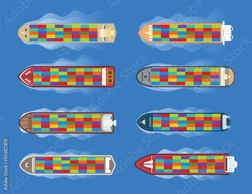Set of cargo ship top view, cargo ship container in the ocean above view, transportation, logistics or international shipping concept, Sea transportation vehicle. Transport boat, vector illustration.