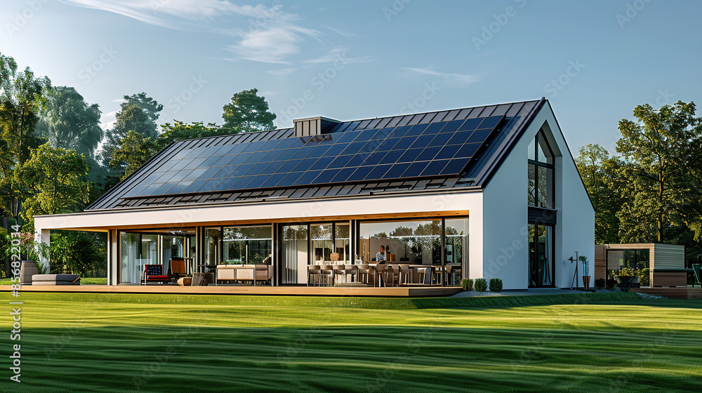 Modern house with solar panels on the roof and a green garden at sunset Modern house with solar panels on the roof and a green garden at sunset