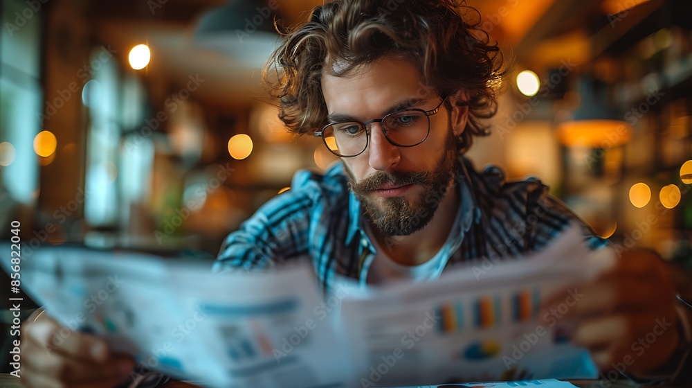 A photographic style of a financial analyst reviewing printed financial reports, stylish modern office, diffused light, focused demeanor, sleek desk with financial documents, professional setting. A photographic style of a financial analyst reviewing printed financial reports, stylish modern office, diffused light, focused demeanor, sleek desk with financial documents, professional setting.