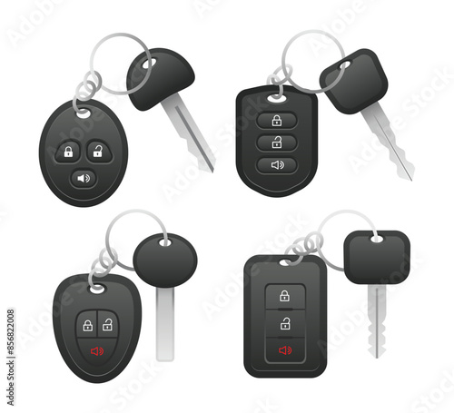 Set of realistic car key collection, modern automobile key and alarm system set, wireless car key fob isolated on white background. Remote car key for EV vehicle. Vector illustration.