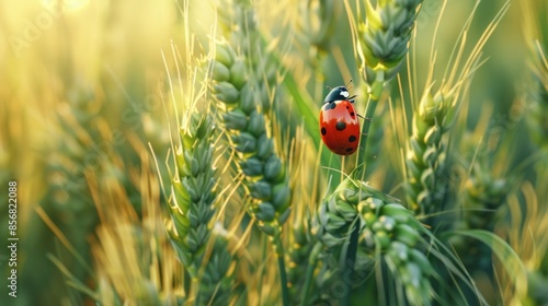 A ladybug sits on the leaf of a green plant, enjoying the sun © Alexander Chaykin