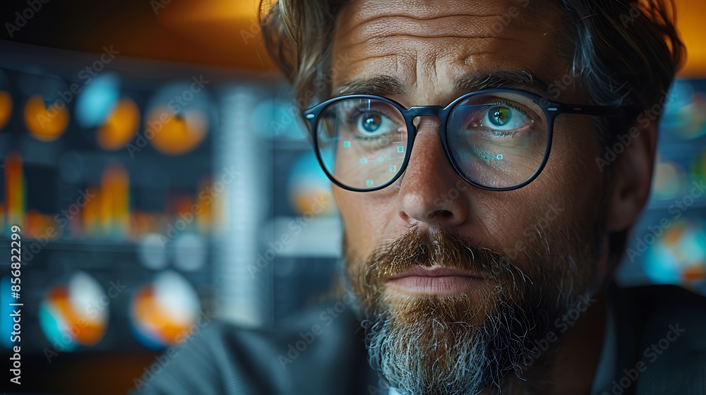 A photographic style of a financial analyst reviewing various charts and graphs on a computer screen, modern office setting, focused expression, multiple monitors, bright daylight through large window A photographic style of a financial analyst reviewing various charts and graphs on a computer screen, modern office setting, focused expression, multiple monitors, bright daylight through large window