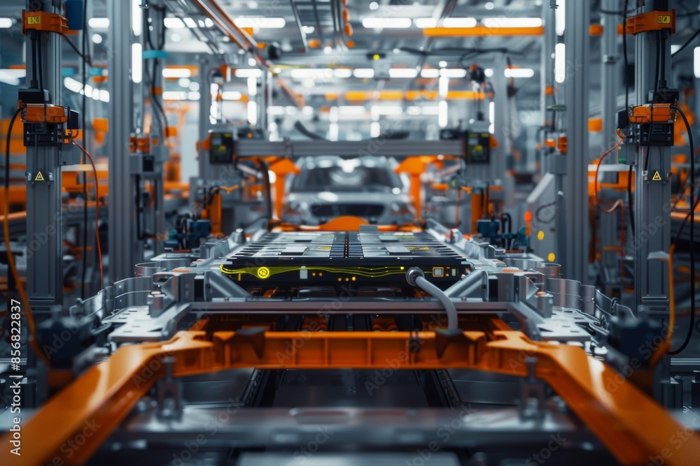 Witness the scale and innovation in electric vehicle production with studio isolate shots showcasing the mass assembly of battery cells. Witness the scale and innovation in electric vehicle production with studio isolate shots showcasing the mass assembly of battery cells.
