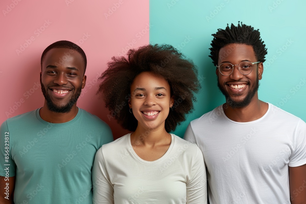Obraz premium Happy family in white shirts on pastel background, perfect for advertising with text space