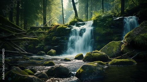 Tranquil scene of majestic waterfall cascades in a green forest generated by AI