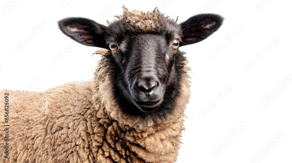 Portrait of a two year old female Suffolk sheep against a white backdrop Portrait of a two year old female Suffolk sheep against a white backdrop