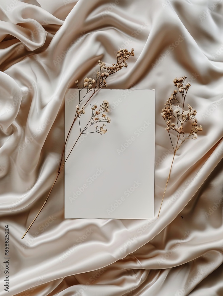 Blank white paper card on satin fabric with dried flowers. Flat lay, top view, copy space. Wedding invitation card design Blank white paper card on satin fabric with dried flowers. Flat lay, top view, copy space. Wedding invitation card design